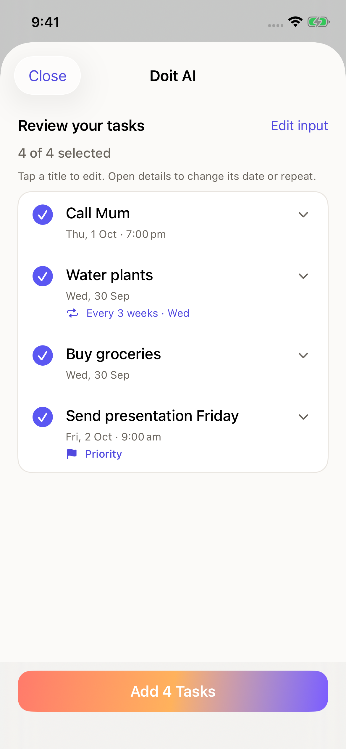 Doit AI showing editable task drafts to review before adding