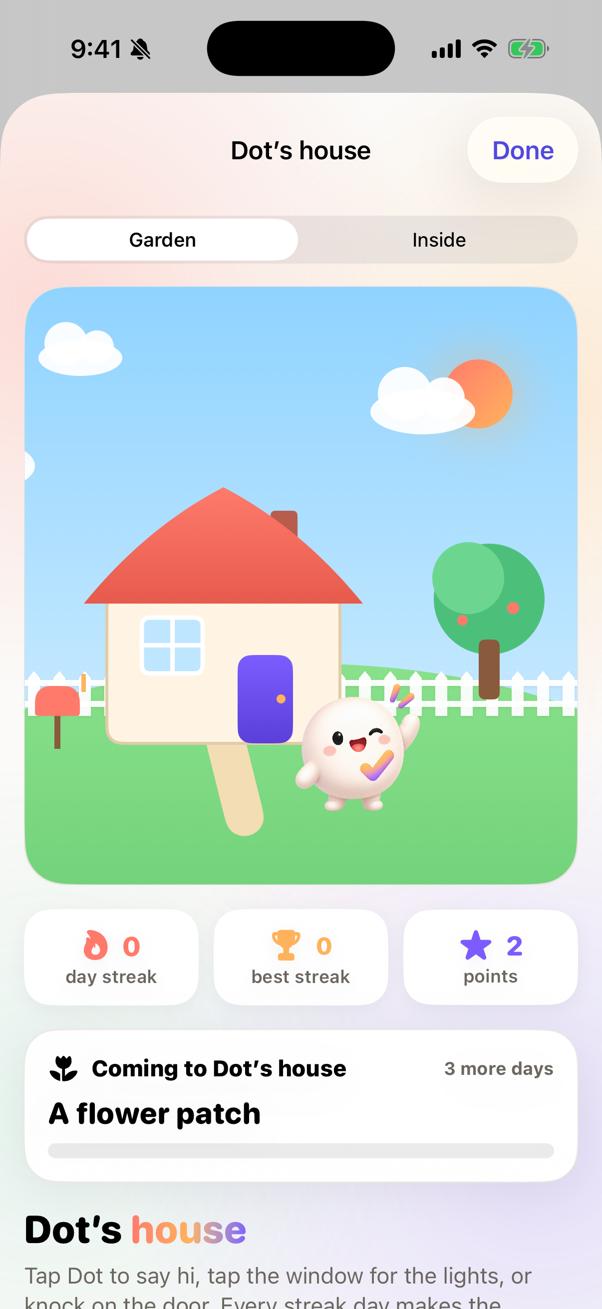 Dot's house and garden with streak milestones