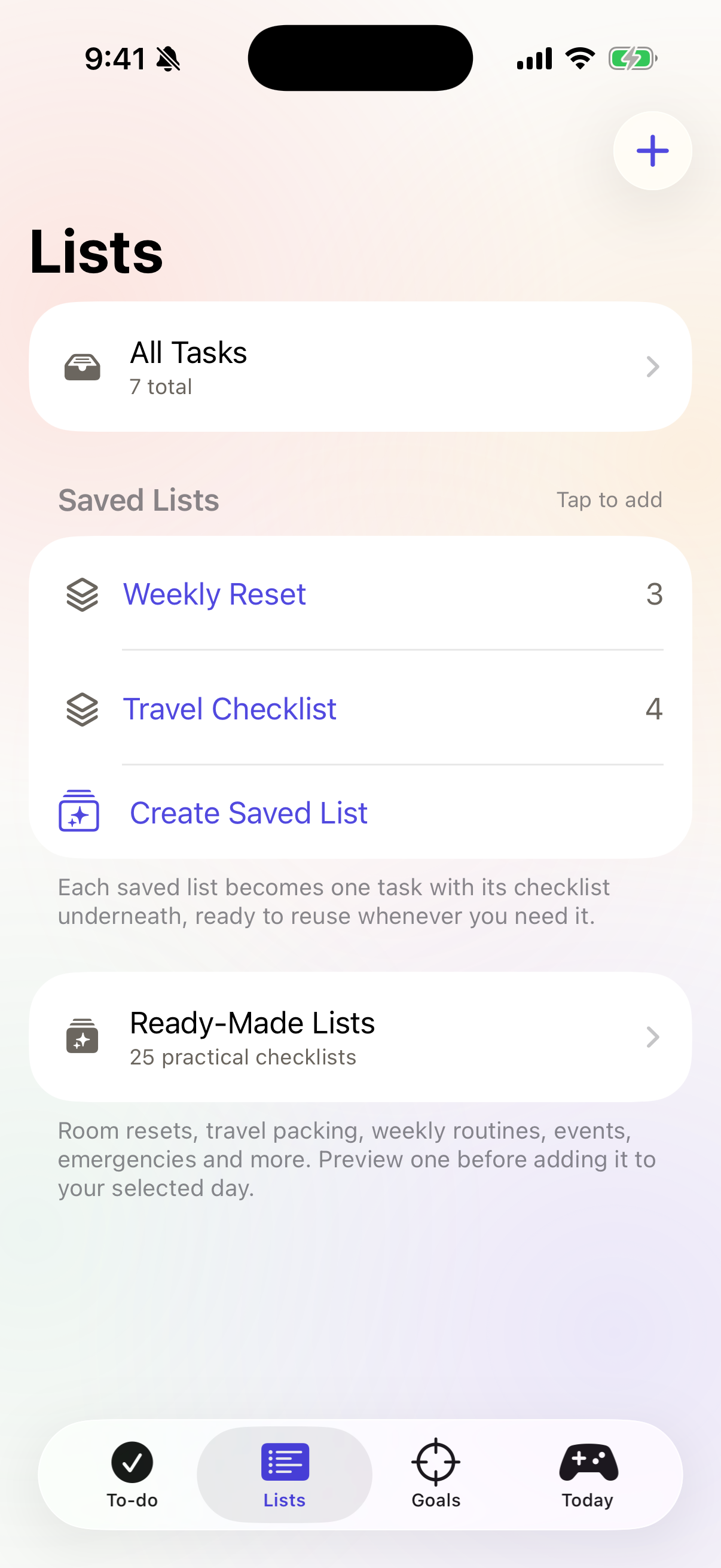 Saved lists in Doit including Weekly Reset and Travel Checklist