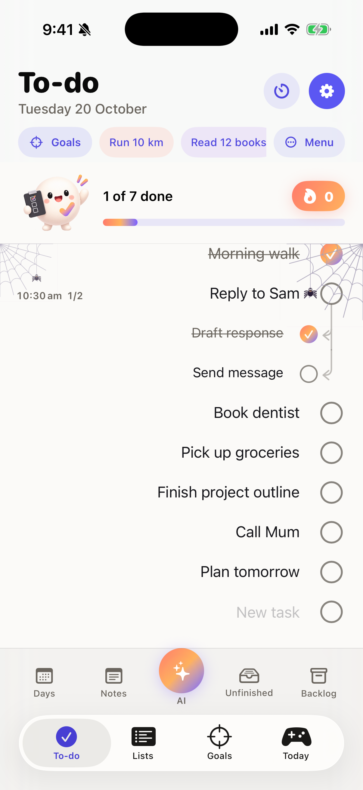 The Doit Today screen with tasks, subtasks and completed items